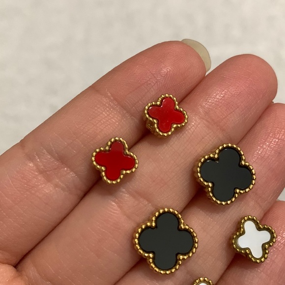 3 Gold Clover Earring Set (Red, Black, and Opal) - Picture 7 of 17